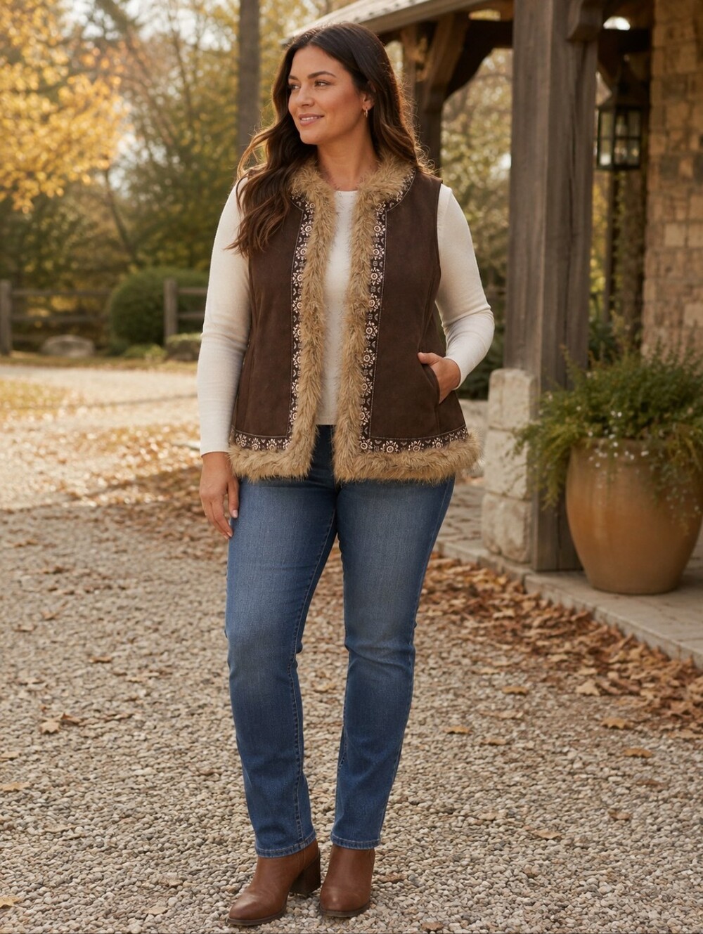 Ann Taylor LOFT XL Brown Faux Suede Fur Vest Y2K Boho Penny Lane Embroidered